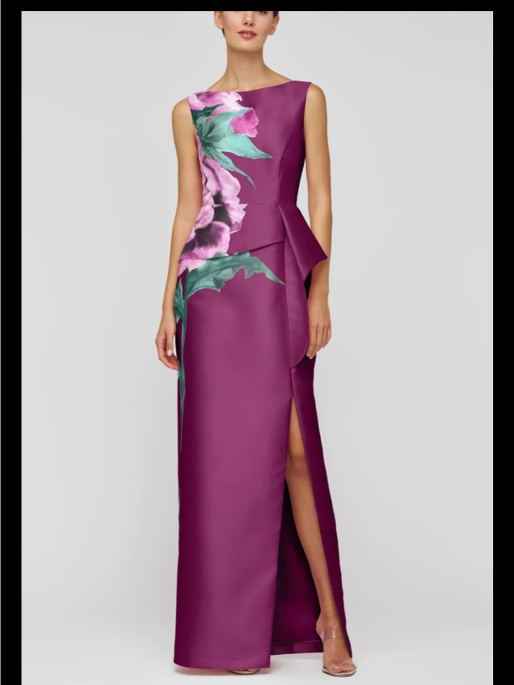 Kay Unger Twill Satin Luciana Floral Column Gown,sz 16,mulberry,new Without Tag